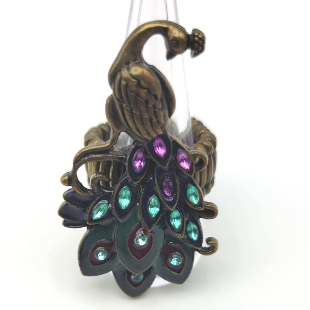 Elegant Peacock Design Stretch Ring with Multicolor Rhinestones Enamel Size 10